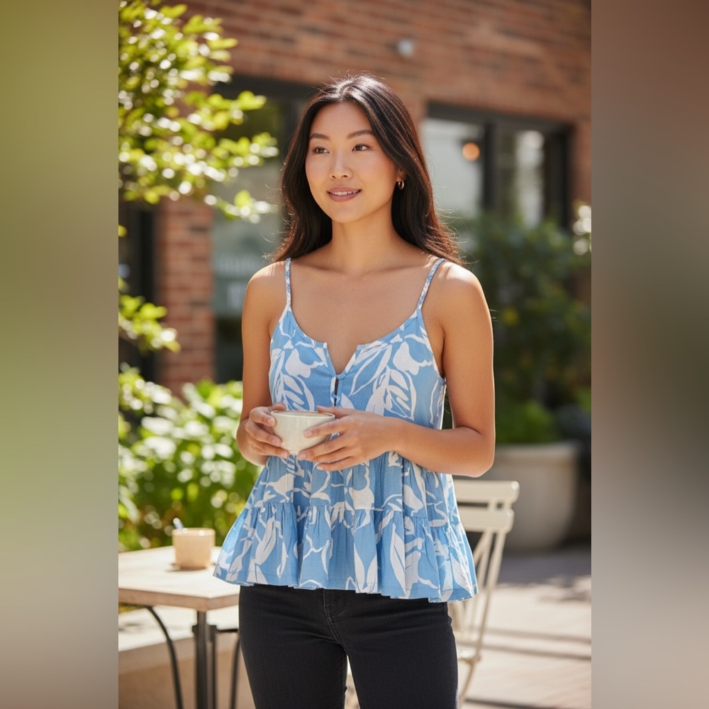 Patrons of Peace Blue and White Floral Tiered Camisole